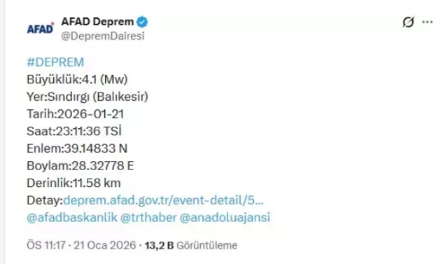 Bursa deprem mi oldu? 21 Ocak Çarşamba Bursa'da deprem nerede oldu?