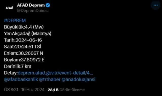Malatya'nın Akçadağ ilçesinde 4.4 büyüklüğünde deprem