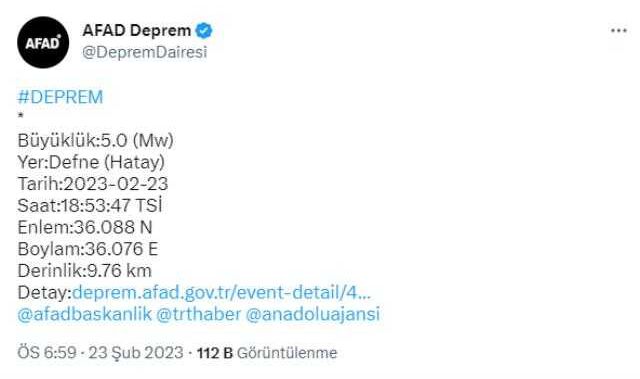 Son Dakika: Hatay'ın Defne ilçesinde 5 büyüklüğünde deprem meydana geldi