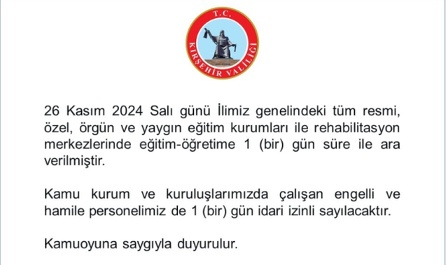 Kırşehir okullar tatil mi? 26 Kasım Salı Kırşehir'de okul yok mu (Valilik Açıklaması)?