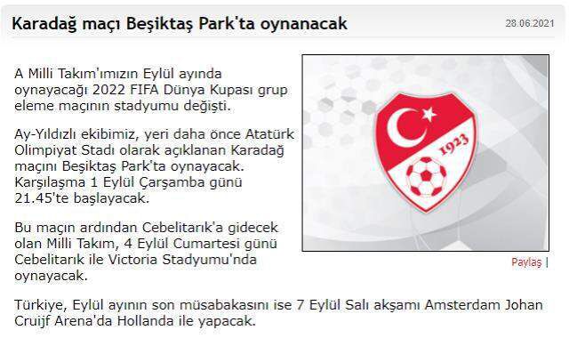 A Milli Takım'ın Dünya Kupası Elemeleri'nde Katar'la oynayacağı maçın stadı değişti