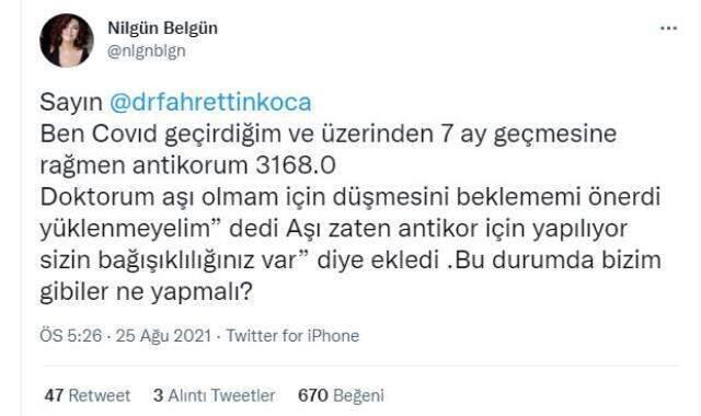 Nilgin Belgün'ün 'Antikor düzeyi yüksek olanlar aşı olmalı mı?' sorusuna Bakan Koca'dan yanıt