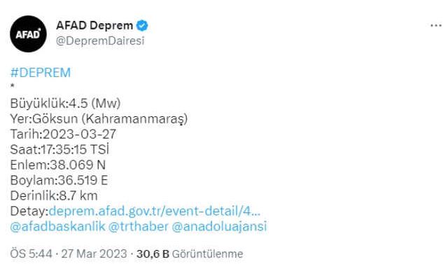 Son Dakika: Kahramanmaraş'ın Göksun ilçesinde 4.5 büyüklüğünde deprem meydana geldi