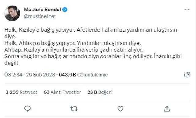 Kızılay'ın depremin 3'üncü gününde Ahbap'a çadır satmasına bir tepki de Mustafa Sandal'dan: İnanılır gibi değil