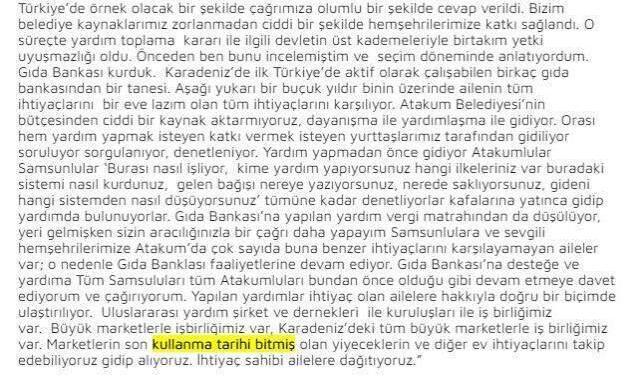 Atakum Belediye Başkanı Cemil Deveci'den skandal ifadeler: Kullanım tarihi bitmiş yiyecekleri ihtiyaç sahiplerine dağıtıyoruz