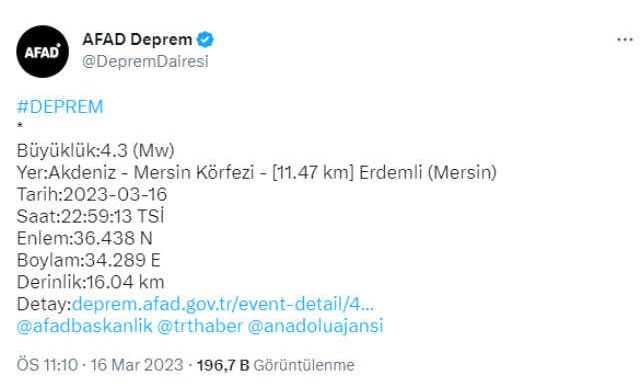 Mersin açıklarında 4.3 büyüklüğünde deprem meydana geldi