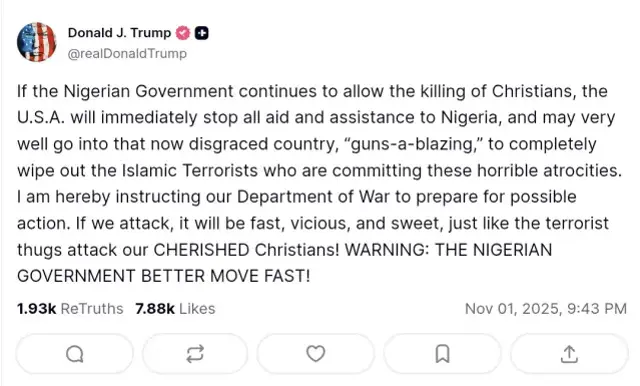 Trump Nijerya'yı tehdit etti: Savaş bakanlığına talimat verdim, silahlar saçarak gireriz