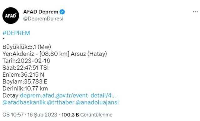 Son Dakika: Hatay'ın Arsuz ilçesinde 5.1 büyüklüğünde artçı deprem meydana geldi