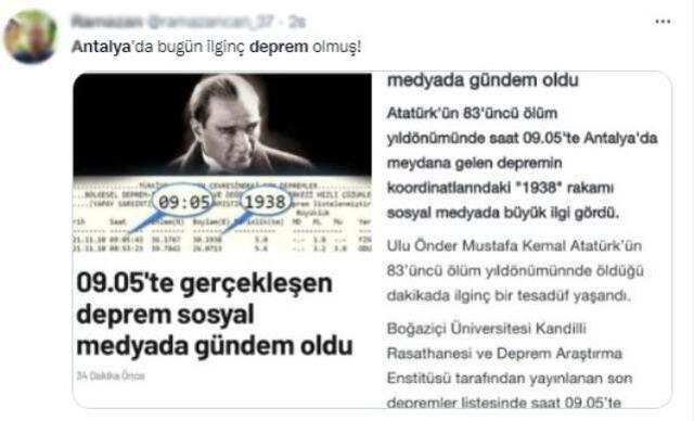 10 Kasım'da tüyleri diken diken eden deprem tesadüfü: Saat tam 9'u 5 geçe meydana geldi, koordinatı ise ''1938''