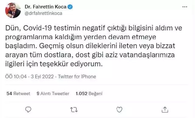 Fahrettin Koca, Covid-19 Testinin Negatif Çıktığını Duyurdu