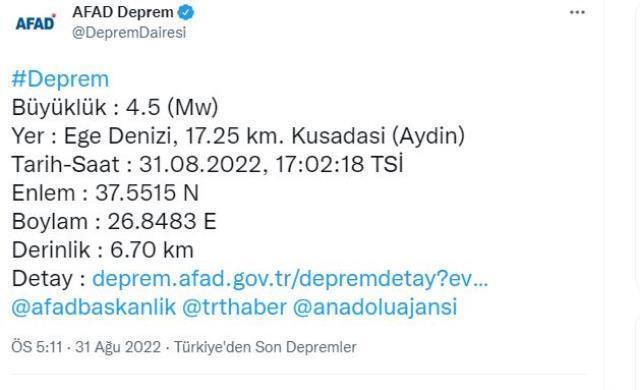 Son Dakika: Ege denizi beşik gibi! Kuşadası açıklarında 4.5 büyüklüğünde bir deprem daha meydana geldi