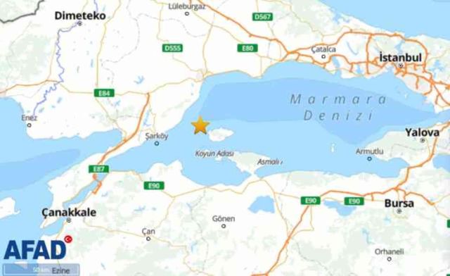 Marmara Denizi'nde 4,1 büyüklüğünde deprem meydana geldi