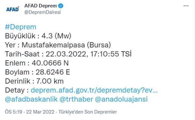 Son Dakika: Bursa'nın Mustafakemalpaşa ilçesinde 4,3 şiddetinde deprem meydana geldi