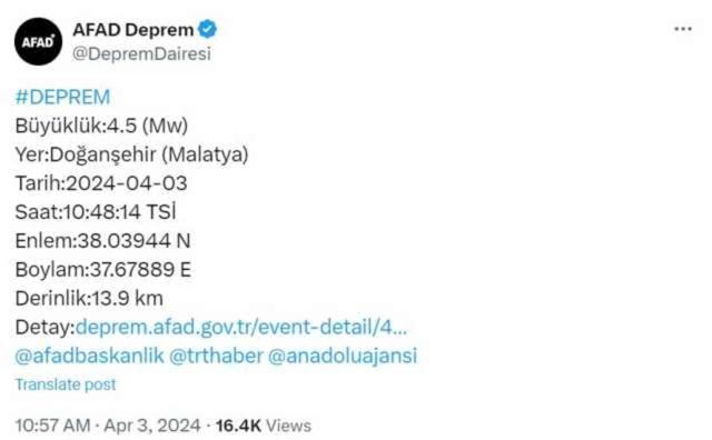 Malatya'da deprem mi oldu, kaç şiddetinde? 3 Nisan Malatya'da nerede deprem oldu?