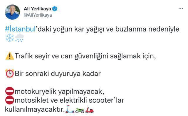 Son Dakika: İstanbul'daki yoğun kar yağışı nedeniyle motosiklet ve elektrikli scooterlar sonraki duyuruya kadar kullanılamayacak