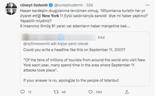 New York Times'ın İstiklal Caddesi'ndeki bombalı saldırının haberini verme şekli tepkilere sebep oldu