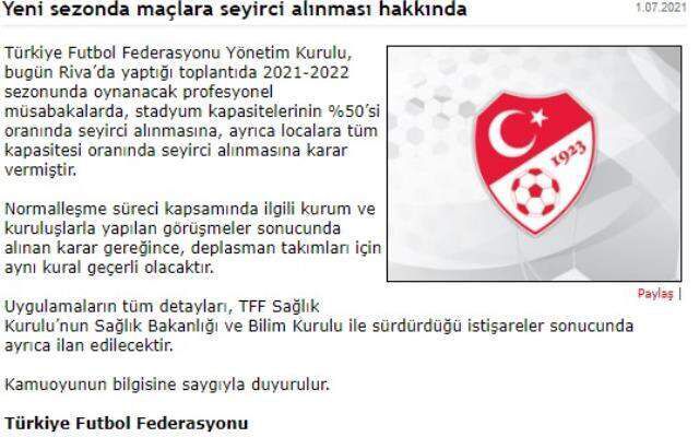 Taraftarlara müjde! Bu sezon maçlara yüzde 50 oranında seyirci alınacak