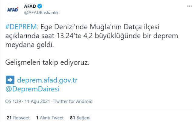 Muğla'nın Datça ilçesi açıklarında 4,2 büyüklüğünde deprem