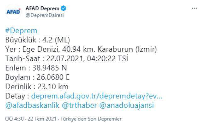 İzmir'in Karaburun ilçesinde yarım saat arayla 2 deprem meydana geldi