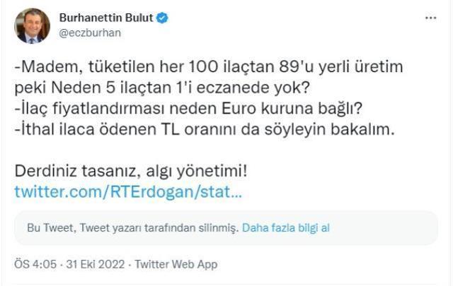 Cumhurbaşkanı Erdoğan, CHP'li milletvekilinin sorduğu soru üzerine yaptığı paylaşımı apar topar sildi