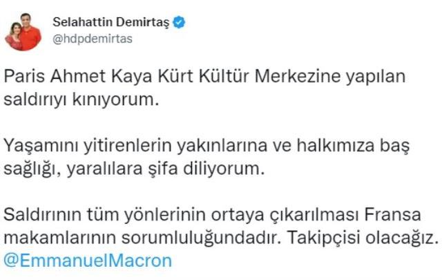 Demirtaş, Paris'teki saldırı sonrası Macron'u etiketleyip paylaşım yaptı