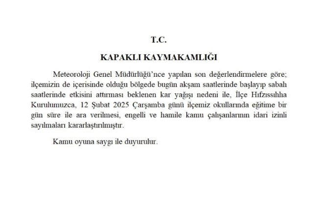 Tekirdağ okullar tatil mi SON DAKİKA? 12 Şubat Çarşamba Tekirdağ'da okul yok mu (Tekirdağ Valiliği Açıklaması – KAR TATİLİ)?