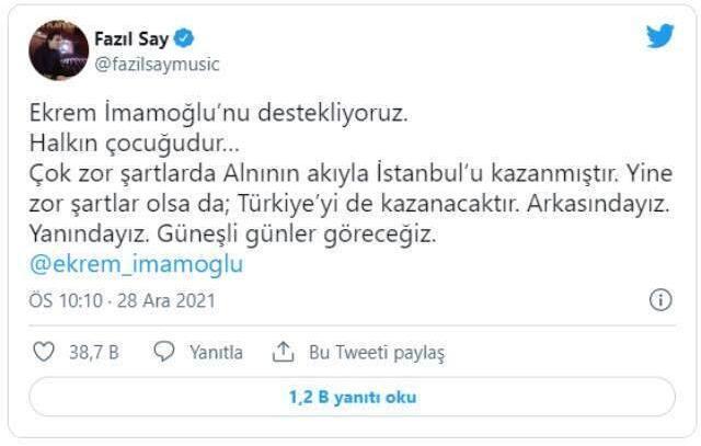 İBB'ye teftiş sonrası İmamoğlu'na bir destek de Fazıl Say'dan: İstanbul'u kazanmıştır, Türkiye'yi de kazanacaktır