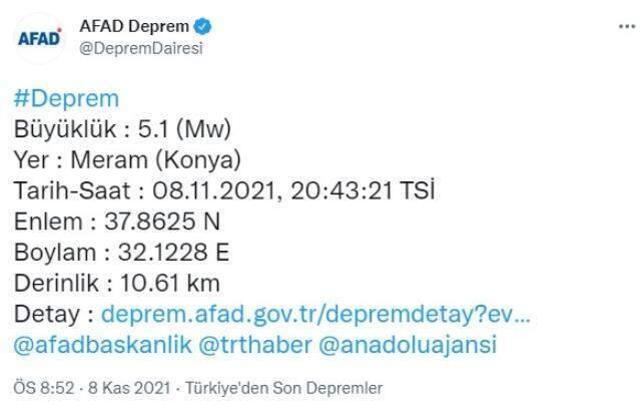 Son Dakika: Konya'nın Meram ilçesinde 5.1 büyüklüğünde deprem meydana geldi