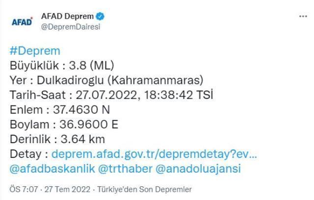 Kahramanmaraş'ta 3.8 büyüklüğünde deprem