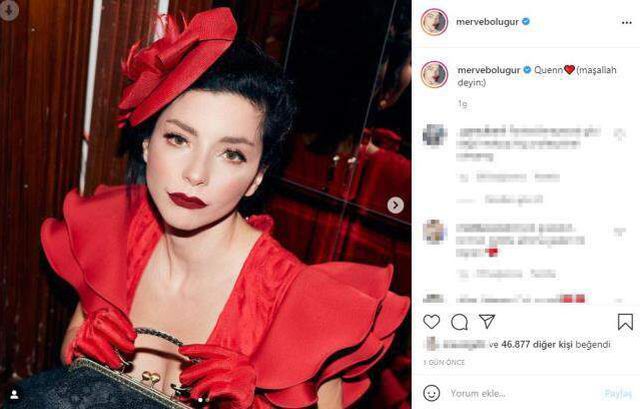 Kırmızılar içinde poz veren Merve Boluğur, kendisini kraliçeye benzetti: Maşallah deyin