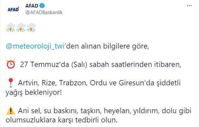 Meteoroloji ve AFAD'tan Orta ve Doğu Karadeniz illerine sel ve baskın uyarısı