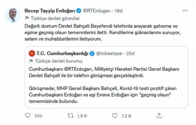 Bahçeli'den Cumhurbaşkanı Erdoğan'a geçmiş olsun telefonu