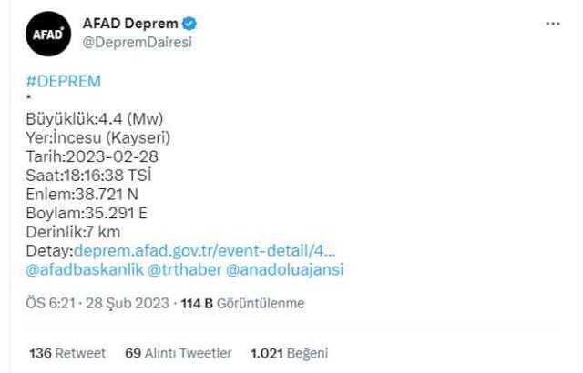 Son Dakika: Kayseri'de 4.4 büyüklüğünde deprem meydana geldi
