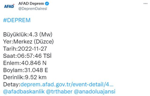 Son dakika! Düzce'de 4.3 büyüklüğünde deprem! Sarsıntı İstanbul'da da hissedildi
