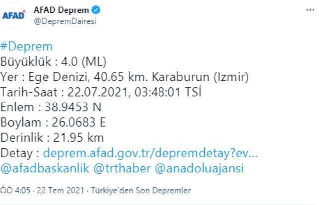 İzmir'in Karaburun ilçesinde yarım saat arayla 2 deprem meydana geldi