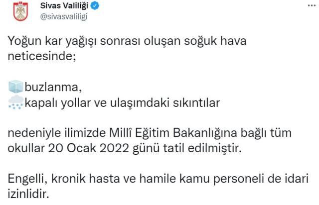 Sivas'ta okullar tatil mi? 20 Ocak Perşembe Sivas'ta yarın okul var mı? Valilik açıkladı!