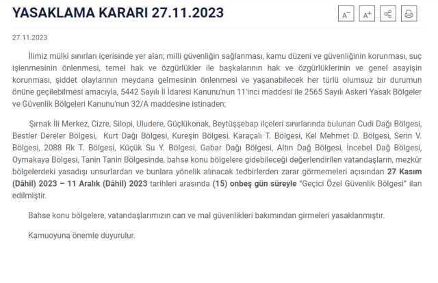 Şırnak'ta 14 bölge 'geçici özel güvenlik bölgesi' ilan edildi