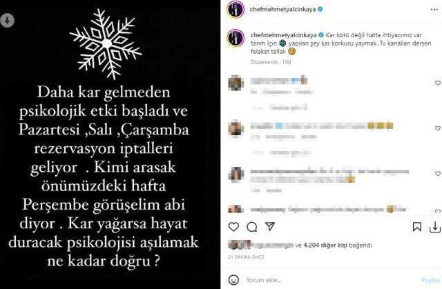 Restoranına yapılan rezervasyonlar hava koşulları nedeniyle iptal edilen Mehmet Yalçınkaya sitem etti: Kar gelmeden psikolojik etki başladı
