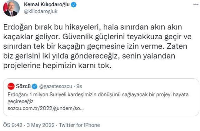 Cumhurbaşkanı Erdoğan'ın '1 milyon Suriyeli' açıklamasına Kılıçdaroğlu'ndan yanıt
