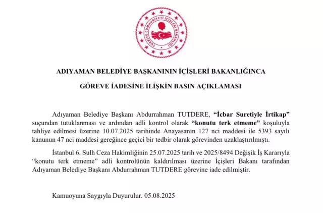 Abdurrahman Tutdere görevine iade edildi