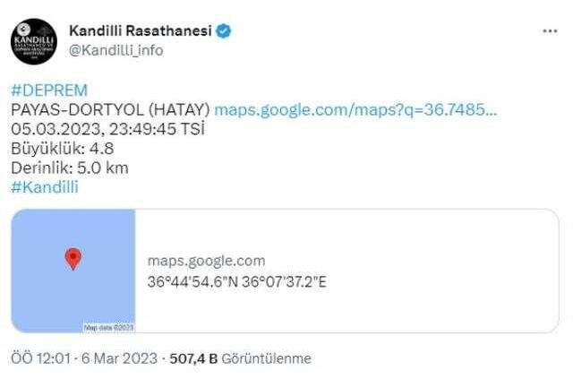 İskenderun Körfezi'nde 4,5 büyüklüğünde deprem
