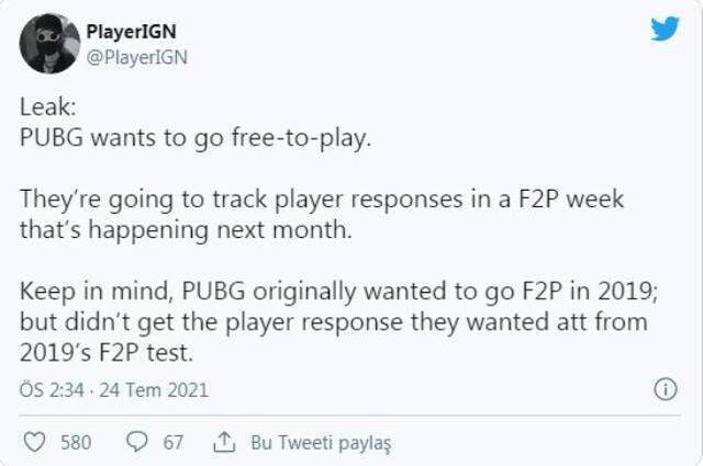 PUBG ücretsiz olarak yayınlanabilir!