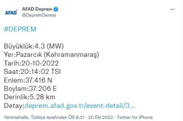 Son Dakika: Kahramanmaraş beşik gibi! 4.5'in ardından şimdi de 4.3'lük bir deprem daha meydana geldi