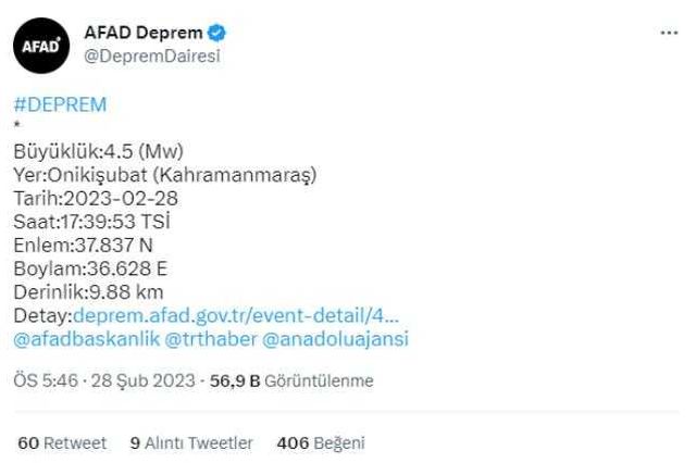 Son Dakika: Kahramanmaraş'ta 10 dakika arayla iki deprem! 4.5 ve 4.1'le sallandı