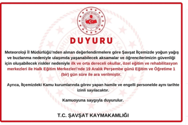 Artvin okullar tatil mi (Şavşat)? SON DAKİKA 19 Aralık Perşembe Artvin'de okul yok mu (Şavşat Kaymaklığı Açıklaması)?