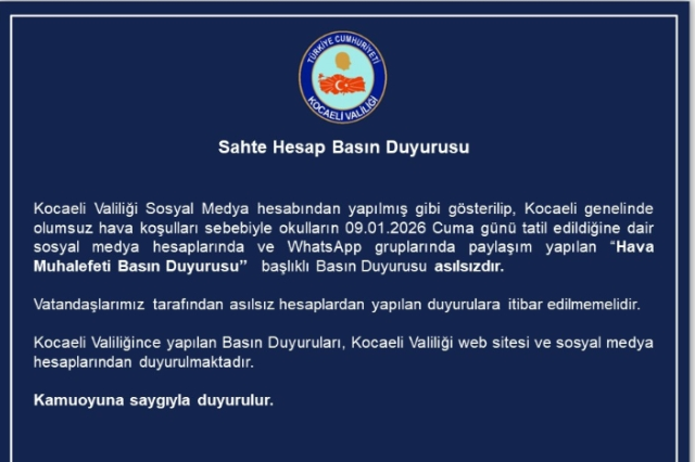 Kocaeli okullar tatil mi, 9 Ocak Cuma Kocaeli'de okul yok mu (KOCAELİ VALİLİĞİ)?