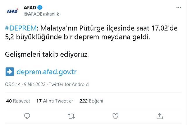 Malatya'da deprem mi oldu? 9 Nisan Cumartesi 2022 Malatya'da kaç şiddetinde deprem oldu? Depremin merkez üssü neresi?