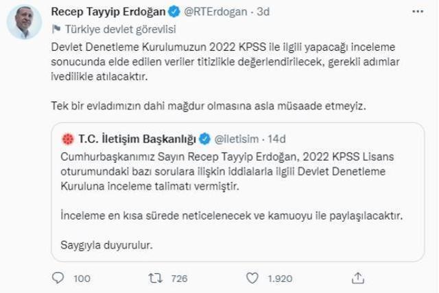 Son dakika: Cumhurbaşkanı Erdoğan, bazı KPSS sorularını bir yayınevinin sınavında çıkması iddialarıyla ilgili inceleme talimatı verdi