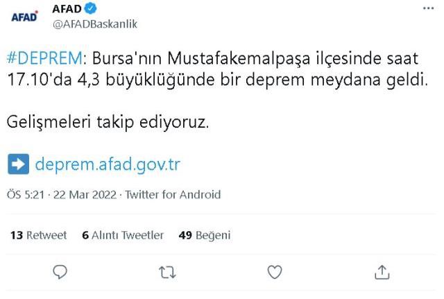 Bursa'da deprem mi oldu? 22 Mart Salı 2022 nerede deprem oldu? Depremin merkez üssü neresi, hangi ilçe?