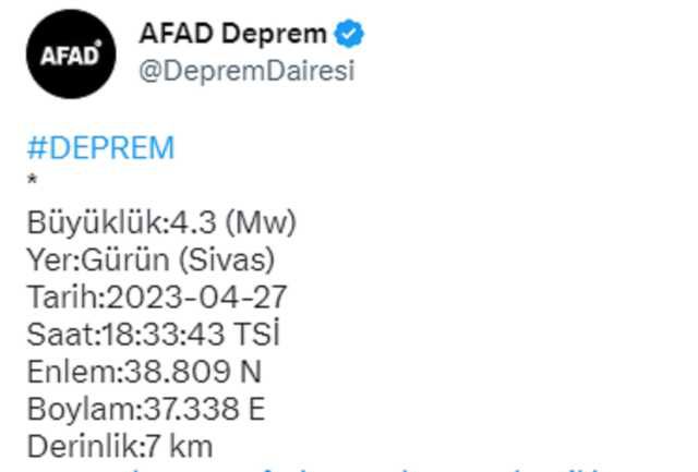 Sivas'ta 4,3 büyüklüğünde deprem meydana geldi